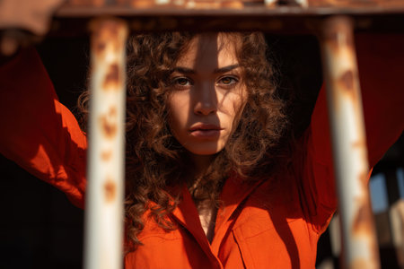 A powerful portrait of a beautiful woman with curly hair in an orange uniform, looking with a strong and defiant expression from behind old, rusty bars.の素材