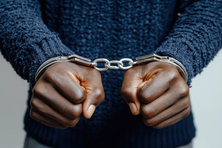 A powerful close-up of the hands of a black person, bound in metal handcuffs, wearing a dark blue sweater against a plain background.の素材