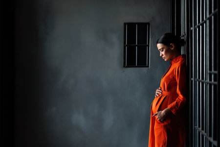 A lonely pregnant woman in a prison uniform stands against a stark concrete wall, her hands cradling her belly in a moment of quiet reflection and sadness.の素材