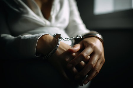 A dramatic close-up of a woman's clasped hands bound in shiny metal handcuffs, symbolizing arrest, crime, and the loss of liberty in a dark setting.の素材