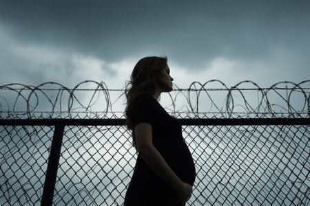 A powerful silhouette of a pregnant woman standing in profile against a dark, stormy sky, behind a menacing fence topped with barbed wire.の素材