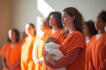 A female prisoner in an orange jumpsuit tenderly holds her swaddled newborn baby while standing in formation with other inmates, highlighting motherhood in prison.の素材