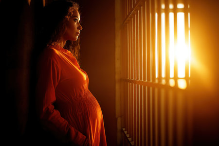 A pregnant prisoner in an orange dress stands in profile, her silhouette illuminated by the golden light streaming through the bars of her cell window.の素材