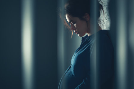 A dramatic profile portrait of a sad, pensive pregnant woman, her head bowed in thought as she leans against a wall, framed by vertical shadows.の素材