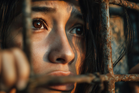 An emotional close-up of a young woman's sorrowful face as she looks out from behind old, rusty prison bars, her eyes filled with hopelessness and despair.の素材