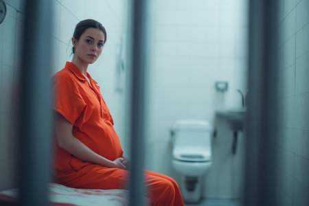 Viewed through prison bars, a young pregnant woman in an orange jumpsuit sits on her bed in a stark, sterile white jail cell next to a toilet.の素材