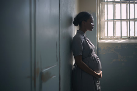 A solemn, side-profile portrait of a pregnant African American woman in a simple dress, standing by a barred window in an old, weathered prison cell.の素材