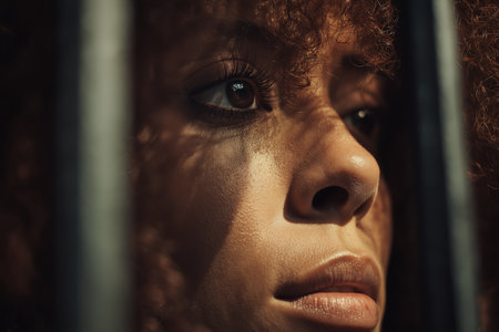 An artistic and moody close-up of a Black woman's face, her skin illuminated by light that casts harsh shadows from prison bars across her features.の素材
