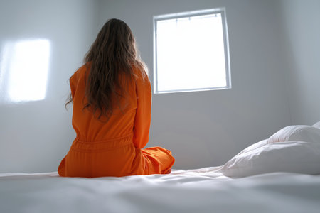 From a low angle, a female prisoner in an orange jumpsuit sits on her bed with her back to the camera, looking out a bright, hopeful window in a white room.の素材