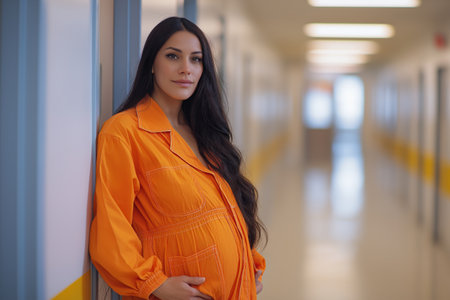 A young pregnant woman in an orange prison uniform holds her belly gently while leaning against a wall in a modern, brightly lit correctional facility.の素材