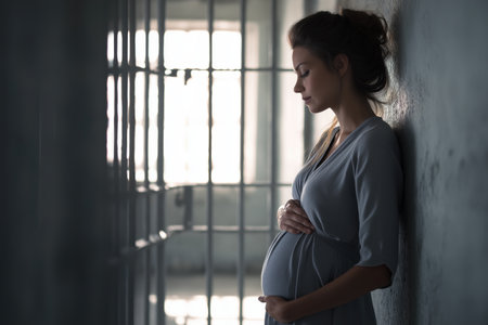 A pregnant woman in a gray dress leans against a cold prison wall, her eyes closed in sorrow as she cradles her belly next to the bars of her cell.の素材