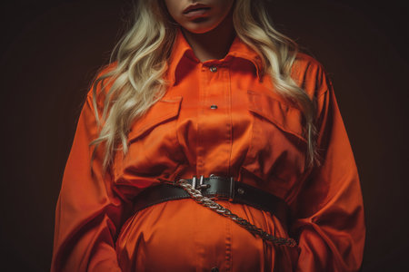 A high-fashion, stylized shot of a pregnant woman's torso in a vibrant orange jumpsuit, cinched above the belly with a stylish black leather and chain belt.の素材