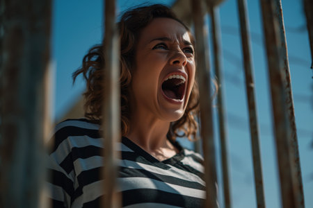 An emotionally charged image of a female intimate in a striped prison uniform, screaming in desperation and anger from behind the bars of her cage.の素材