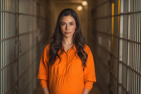 A portrait of a beautiful, strong pregnant woman in an orange prison jumpsuit, standing confidently in the middle of a long institutional corridor.の素材