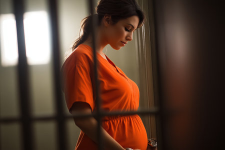 A somber pregnant woman in an orange prison jumpsuit is seen through the small window of a cell door, her head bowed in thought, highlighting her isolation.の素材
