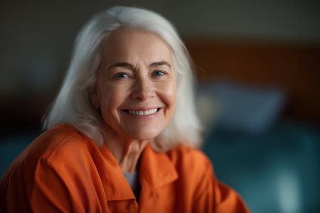 A close-up portrait of a senior woman with white hair and a warm smile, wearing an orange prison jumpsuit, suggesting resilience and hope despite her circumstances.の素材