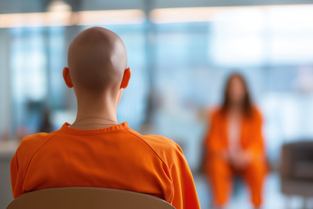 The back view of a prisoner with a shaved head, wearing an orange jumpsuit and sitting in a blurred institutional setting, possibly a visiting room or waiting area.の素材
