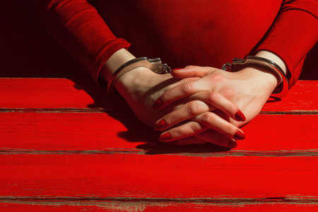 A close-up, high-angle view of a woman's hands in handcuffs, resting on a bright red wooden table. Her red nail polish matches the color of the table.の素材