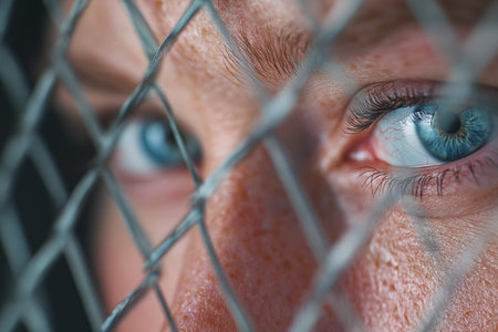 An extreme close-up of a person's piercing blue eyes looking directly through the mesh of a chain-link fence, conveying a sense of being trapped and desperate.の素材