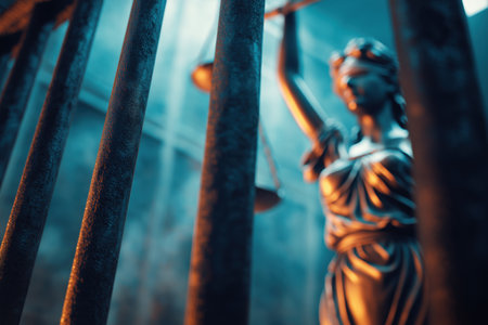 The blurred figure of a blindfolded Lady Justice holding her scales stands behind the sharp, rusty bars of a prison, symbolizing a flawed legal system.の素材
