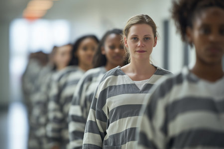 A diverse line of female prisoners in gray and white striped uniforms stands in a prison hallway, with one woman in the foreground looking at the camera.の素材