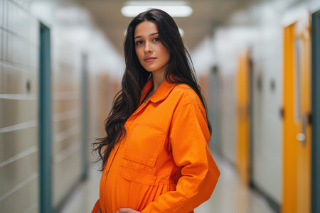 A portrait of a beautiful, strong pregnant woman in an orange prison jumpsuit, walking toward the camera down the center of a long institutional corridor.の素材
