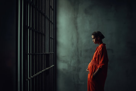 A lonely, pregnant female intimate in an orange jumpsuit stands in profile, her hand on her belly, looking down sadly next to the bars of her dark cell.の素材