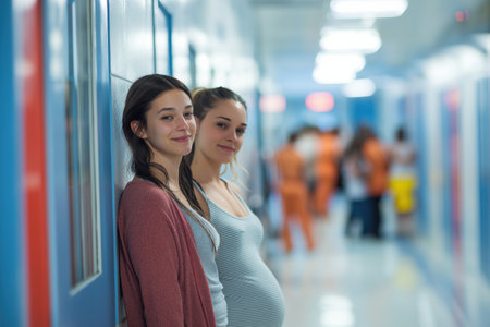 Two young women, one visibly pregnant, lean against a wall in a busy prison corridor, looking at the camera with gentle smiles.の素材