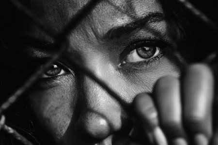 An intense, moody black and white close-up of a woman's eyes as she peers through a chain-link fence, her hand gripping the wire.の素材
