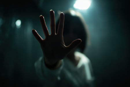 A dramatic and mysterious image of a woman's hand reaching out from the dark, as if asking for help or trying to stop something, with a single light source.の素材