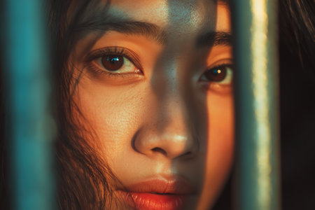 A dramatic and artistic close-up of a young Asian woman's face, half-lit and half in shadow from prison bars, creating a mysterious and emotional portrait.の素材