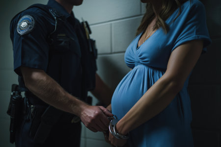 An officer in a dark uniform is handcuffing a pregnant woman wearing a blue maternity dress, the scene is dimly lit and focuses on their intertwined hands.の素材