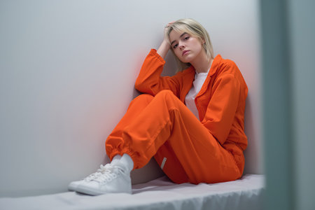 A sad young woman with blonde hair, wearing an orange prison jumpsuit, sits alone in the corner of a stark white room, looking weary and dejected.の素材