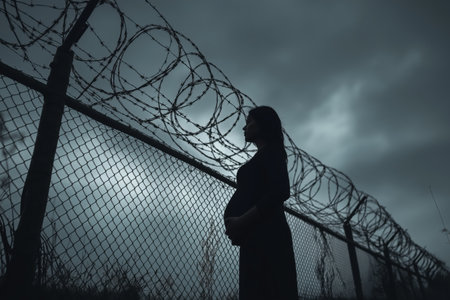 The dark silhouette of an expecting mother stands against a bleak, cloudy sky, looking at a tall prison fence topped with sharp barbed wire, evoking hopelessness.の素材