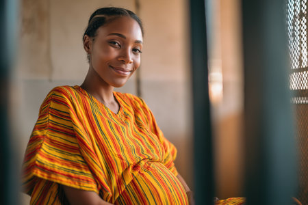 A hopeful image of a pregnant African woman in colorful traditional attire, smiling warmly at the camera from behind the bars of a prison or detention center.の素材