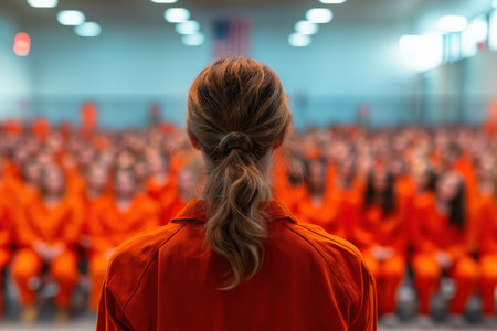 From behind, a female prisoner in an orange jumpsuit stands before a large, blurred crowd of fellow inmates, all in orange, in a prison assembly hall.の素材