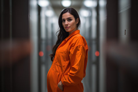 A full-body shot of a pregnant woman with long dark hair, wearing an orange prison uniform and standing in a stark, dark correctional facility hallway.の素材