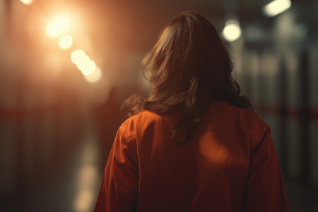 From a back view, a female prisoner in an orange jumpsuit walks down a dark corridor towards a bright, hopeful light at the end.の素材