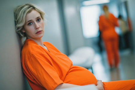 A lonely pregnant woman in an orange jumpsuit sits on the floor, leaning against a wall in a bleak hospital or prison infirmary corridor, looking sad and worried.の素材