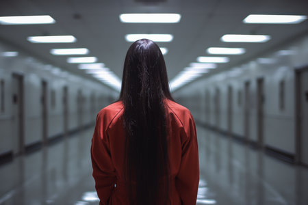 A woman with very long, straight black hair, wearing a red jumpsuit, stands facing away from the camera in a long, sterile, and endless-seeming corridor.の素材