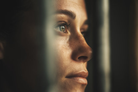 An intimate, close-up profile of a woman's face with freckles, looking thoughtfully into the distance, with a blurred foreground suggesting she is indoors looking out.の素材