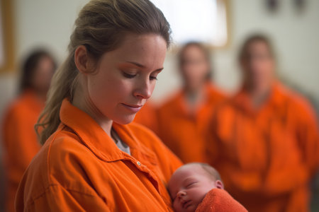A gentle, loving portrait of a female intimate in an orange prison uniform, looking down with adoration at the sleeping newborn baby in her arms.の素材