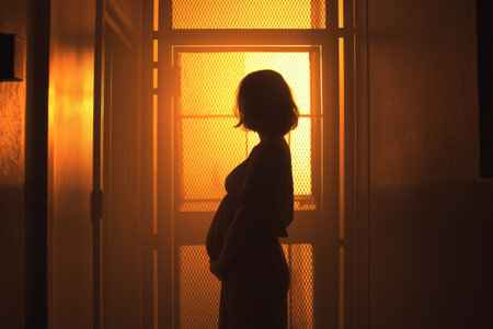 The silhouette of a pregnant woman stands before a grated door, bathed in a warm, golden light that creates a hopeful and almost spiritual atmosphere in a dark setting.の素材