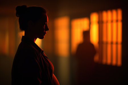 The silhouette of a pregnant woman stands in a dimly lit prison corridor, with warm, orange light casting long shadows and creating a moody, atmospheric scene.の素材