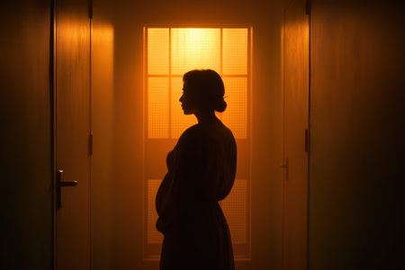A silhouette of a pregnant woman standing in a dark hallway, framed by a doorway with a brilliant, warm light pouring in, suggesting hope or a difficult choice.の素材