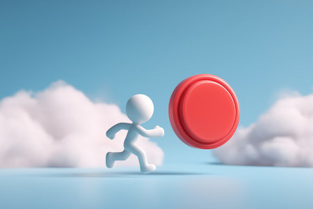 A 3D figure runs towards a big red button that is floating in the air, symbolizing a call to action, making a decision, or a final opportunity.の素材