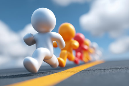 A close-up view of colorful 3D characters running in a competitive race along a road, with the white figure in the lead. Symbolizes competition and leadership.の素材