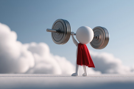 A small 3D superhero with a red cape demonstrates incredible strength by lifting a heavy barbell, symbolizing power, determination, and overcoming challenges.の素材