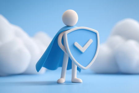 A 3D superhero character in a blue cape stands confidently holding a shield with a checkmark, symbolizing security, protection, safety, and reliability.の素材