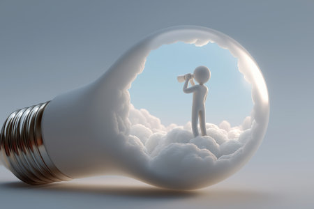 A 3D character stands inside a large, clear light bulb among clouds, looking through a spyglass, symbolizing searching for a vision or a brilliant idea.の素材